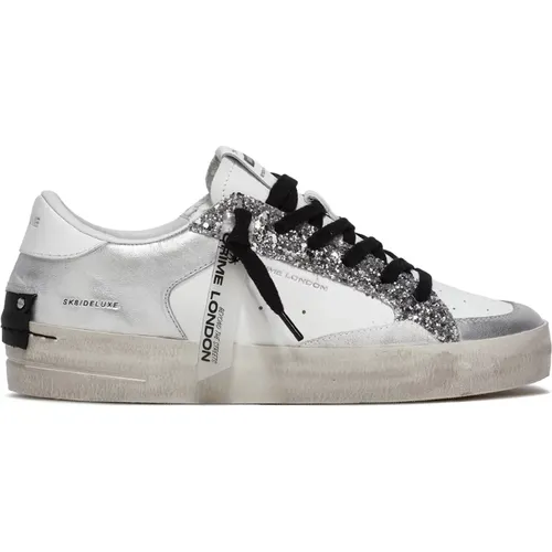 White Leather Sneakers Silver Glitter , female, Sizes: 6 UK, 8 UK - Crime London - Modalova