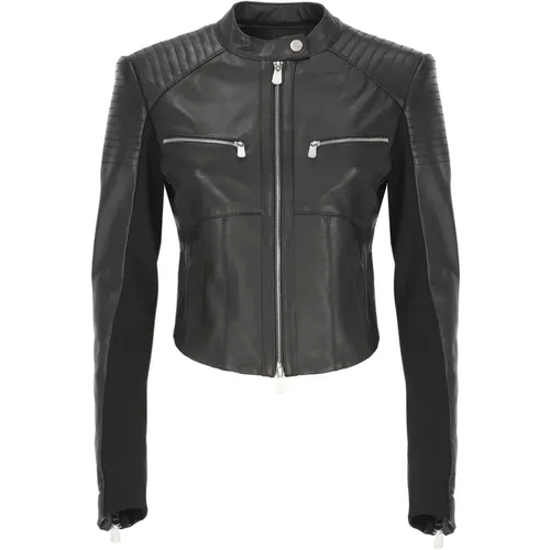 Schwarze Lederjacke Mit Rundhalsausschnitt , Damen, Größe: XS - pinko - Modalova