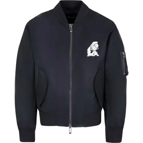 Blaue Nylon Glänzende Jacke mit Weißem Französischem Bulldoggen-Stickerei - Emporio Armani - Modalova