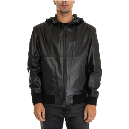 Leder Harrington Jacke mit Kapuze , Herren, Größe: M - Boss - Modalova