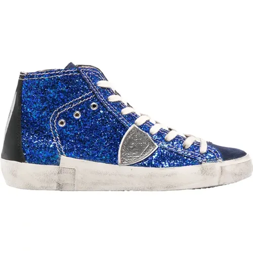 Blaue Sneakers mit Glitzerdetails , Damen, Größe: 36 EU - Philippe Model - Modalova