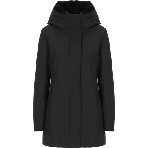 Schwarzer Parka mit Kunstpelzkapuze , Damen, Größe: S - Woolrich - Modalova