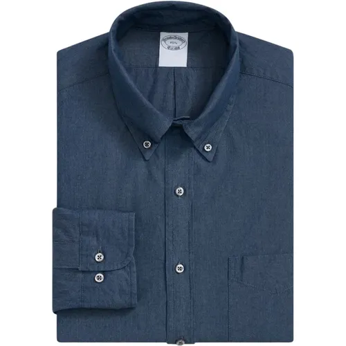 Blaues Regular Fit Chambray Baumwollhemd mit Polo Button Down Kragen , Herren, Größe: L - Brooks Brothers - Modalova