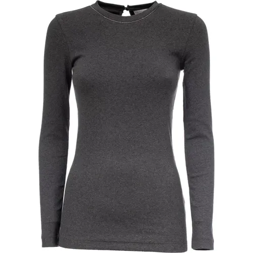 Baumwoll-T-Shirt mit Schmuckdetails,Erhöhe Langarm-Top mit Schmuckdetail,Pullover mit Rundhalsausschnitt und Hakenverschluss - BRUNELLO CUCINELLI - Modalova