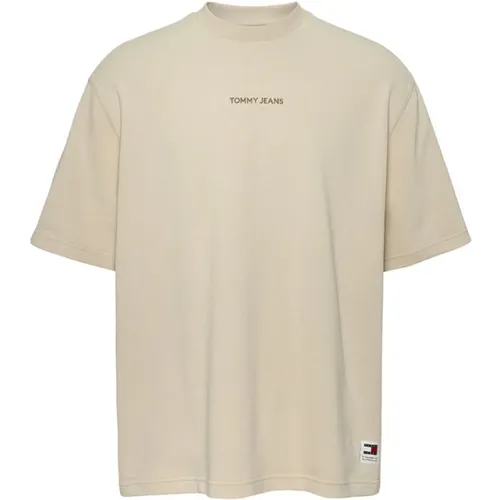 Beiger Baumwoll-Rundhals-T-Shirt , Herren, Größe: L - Tommy Hilfiger - Modalova