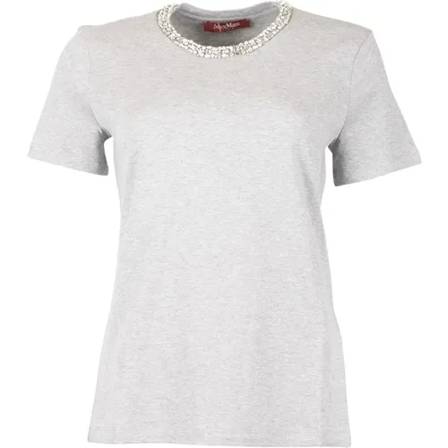 Grey Rhinestone Crew Neck T-shirt , female, Sizes: XS, L, S - Max Mara Studio - Modalova