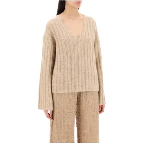 V-Ausschnitt Pullover aus flachgestricktem Rippenstrick , Damen, Größe: S - By Malene Birger - Modalova