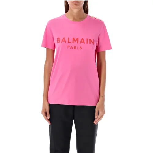 Flocked Paris T-Shirt Fucsia Rose , Damen, Größe: M - Balmain - Modalova