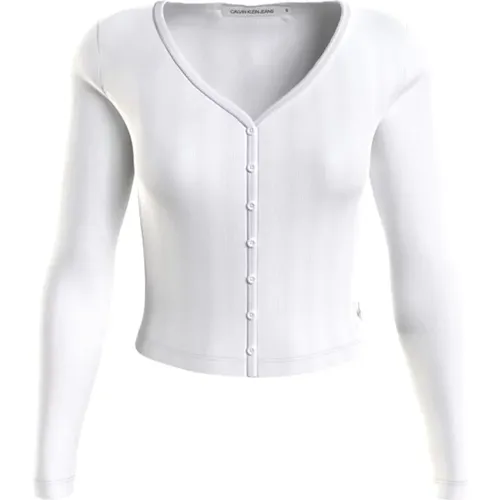 Weißer Rippstrick-Cardigan mit Knopfverschluss , Damen, Größe: L - Calvin Klein Jeans - Modalova
