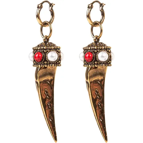 Golden Brass Earrings with Coral Stones and Pearls , female, Sizes: ONE SIZE - Roberto Cavalli - Modalova