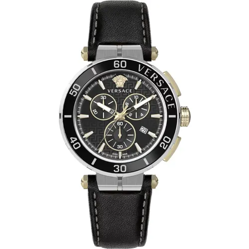 Greca Chronograph Leather Strap Watch , male, Sizes: ONE SIZE - Versace - Modalova