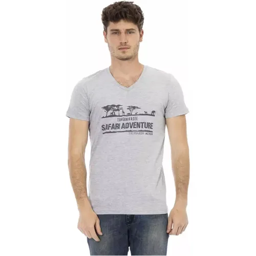 Stilvolles Graues V-Ausschnitt T-Shirt mit Frontdruck , Herren, Größe: XL - Trussardi - Modalova