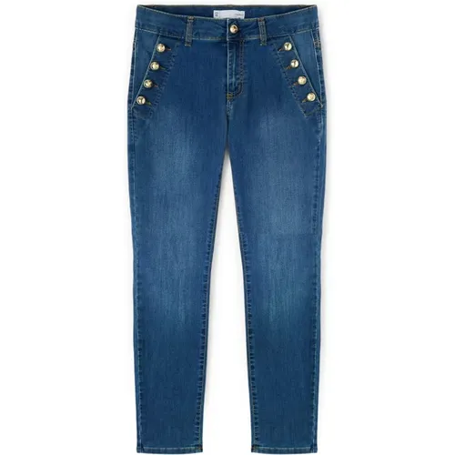 Dunkelblaue Skinny Jeans mit Knopfdetail - Motivi - Modalova