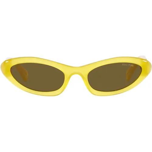 Irregular Shape Sunglasses with Dark Brown Lenses and Gold Logo , female, Sizes: 54 MM - Miu Miu - Modalova
