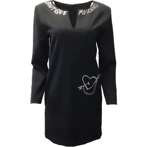 Schwarzes Shiftkleid mit weißer Stickerei und Herz - Moschino Pre-Owned - Modalova