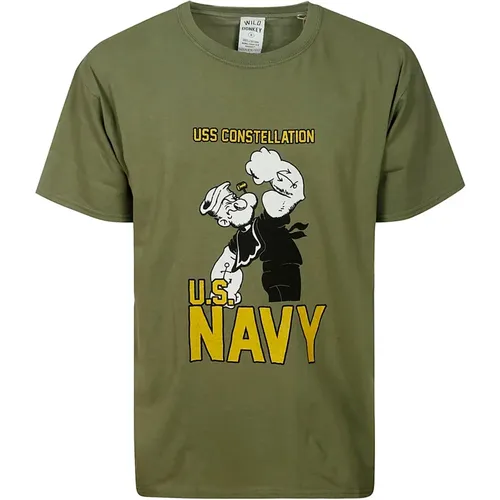 Militärgrünes Baumwoll-T-Shirt , Herren, Größe: L - Wild Donkey - Modalova