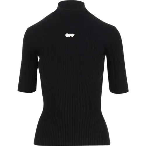 Schwarzer Pullover aus Stretch-Wolle mit hohem Kragen und Logo-Detail - Off White - Modalova