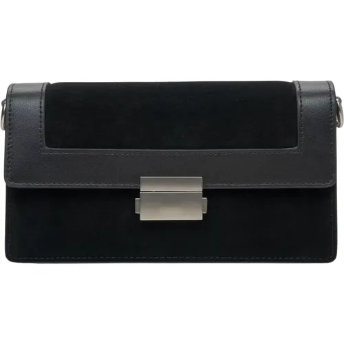 Damen Kleine Schwarze Tasche aus Leder und Velours mit Silbernen Details Er00115769 - Estro - Modalova