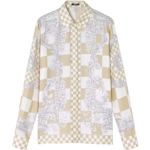Checkerboard Silk Baroque Print Shirt Beige , female, Sizes: M - Versace - Modalova