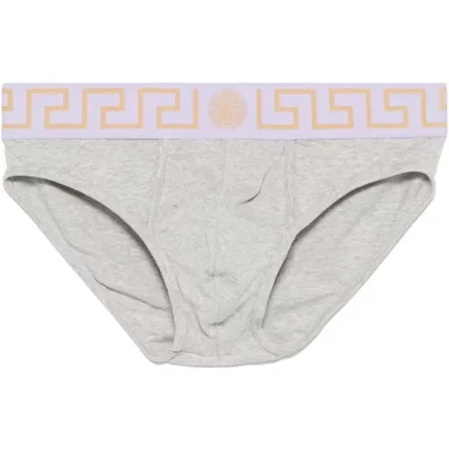 Grecca Waistband Briefs in Grey , male, Sizes: S, M - Versace - Modalova