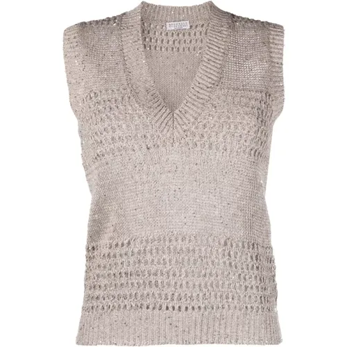 Sequin V-Neck Knit Vest , female, Sizes: M - BRUNELLO CUCINELLI - Modalova