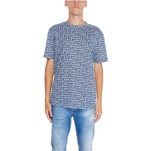 Blau bedrucktes T-Shirt - Rundhals , Herren, Größe: L - Armani Exchange - Modalova