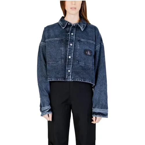 Blauer Bedruckter Baumwollblazer mit Polokragen , Damen, Größe: M - Calvin Klein Jeans - Modalova