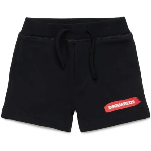 Fleece-Shorts mit grafischem Muster und Kordelzug,Schwarze Bermuda Shorts aus Baumwolle mit Woll-Effekt-Muster und Logo-Druck - Dsquared2 - Modalova