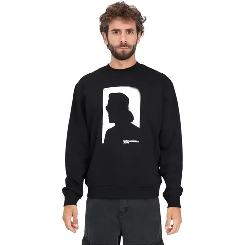 Schwarzer Crewneck-Sweatshirt mit Porträt-Print , Herren, Größe: L - Karl Lagerfeld - Modalova