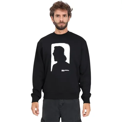 Schwarzer Crewneck-Sweatshirt mit Porträt-Print , Herren, Größe: S - Karl Lagerfeld - Modalova