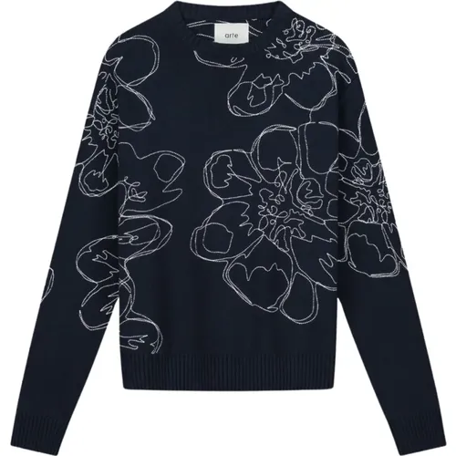 Embroidered Flower Navy Cotton Sweater , male, Sizes: L - Arte Antwerp - Modalova