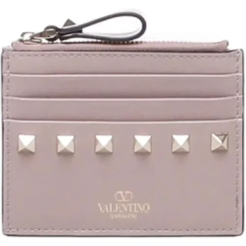 Studded Calfskin Card Holder in Poudre , female, Sizes: ONE SIZE - Valentino Garavani - Modalova