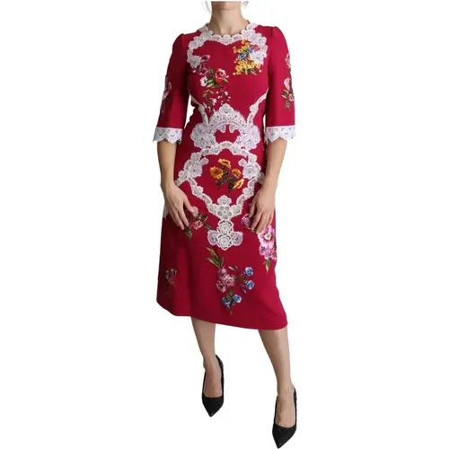 Rotes Blumenbesticktes Sheath Midi Kleid - Dolce & Gabbana - Modalova