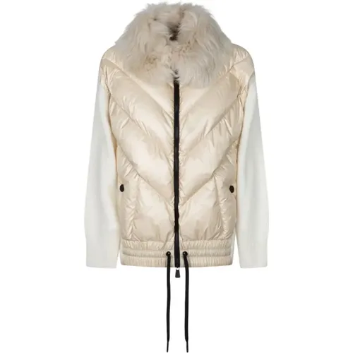 Ecru Knitted Down Jacket with Shearling Collar , female, Sizes: S - Moncler - Modalova