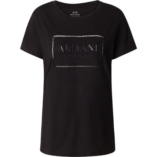 Schwarzes Slim Fit Baumwoll-T-Shirt , Damen, Größe: XS - Armani Exchange - Modalova