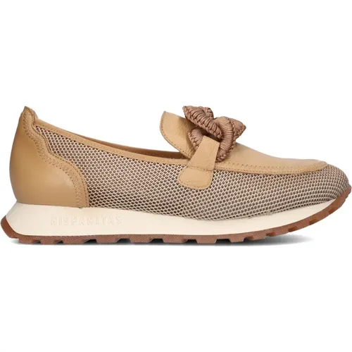 Mesh Slip-Ons mit Camel Leder, Mesh Slip-Ons mit Beigen Details,Damen Slip-Ons mit goldenen Details,Damen Slip-Ons Rot Fuchsia Mesh,sport Loira Loafer - Hispanitas - Modalova