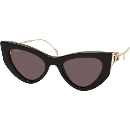 Schwarze Sonnenbrille mit Goldakzenten , Damen, Größe: 52 MM - Gucci - Modalova