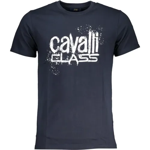 Blau T-Shirt mit kurzem Ärmel und Logo-Druck , Herren, Größe: L - Cavalli Class - Modalova