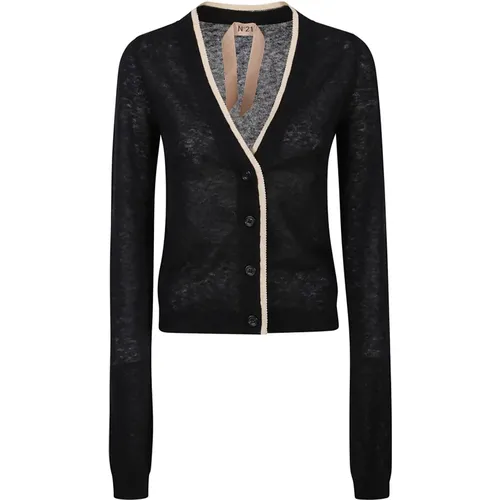 V-Neck Cardigan with Contrasting Edges , female, Sizes: L - N21 - Modalova