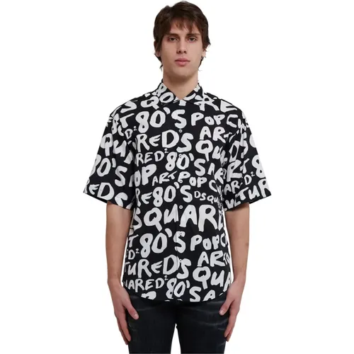 Schwarzes Baumwollhemd mit Kontrastierendem Logo , Herren, Größe: XL - Dsquared2 - Modalova