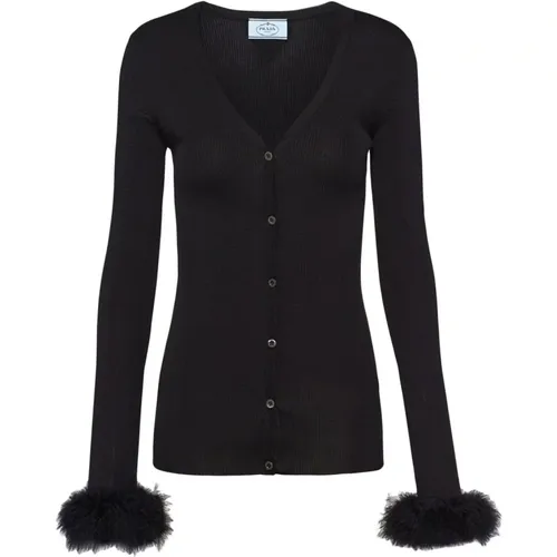 Ribbed Silk Cardigan with Feather Cuffs , female, Sizes: S - Prada - Modalova