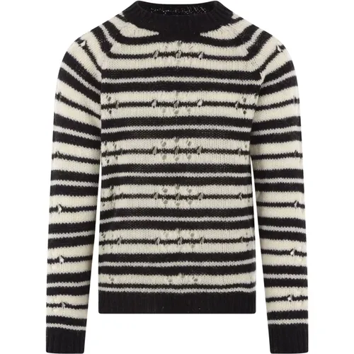 Striped and Ivory Wool Sweater with Perforated Details , male, Sizes: L - Dries Van Noten - Modalova