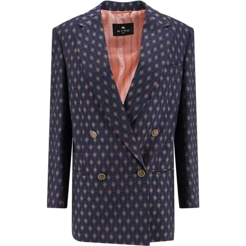 Blue Double-Breasted Blazer All-Over Motif , female, Sizes: S, XS - ETRO - Modalova