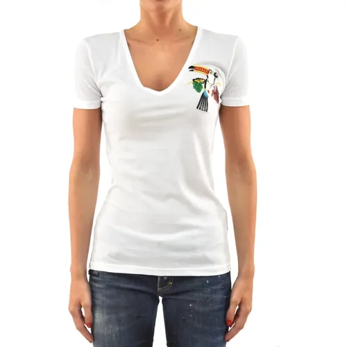 Cotton Logo T-Shirt with Multicolored Parrot , female, Sizes: L - Dsquared2 - Modalova