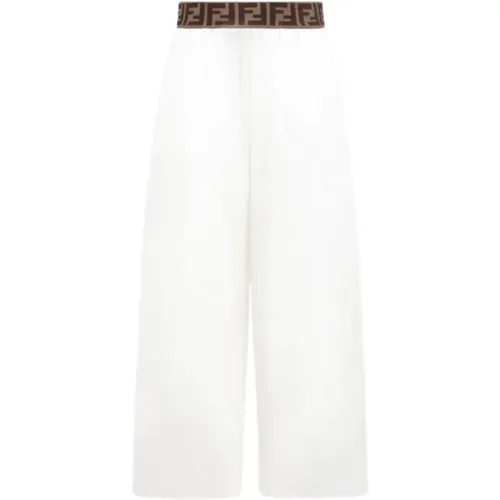 Weiße Hose mit weitem Bein und braunem Logo-Bund - Fendi - Modalova