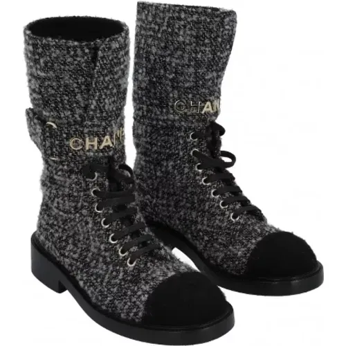 Grey and Tweed Fabric Boots , female, Sizes: 3 UK - Chanel Vintage - Modalova