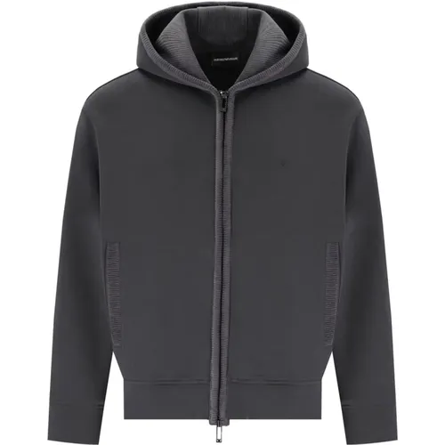 Grauer Gerippter Hoodie mit Reißverschluss , Herren, Größe: L - Emporio Armani - Modalova