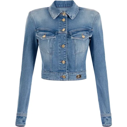 Short Denim Coat with Structured Shoulders , female, Sizes: L, XL - Elisabetta Franchi - Modalova