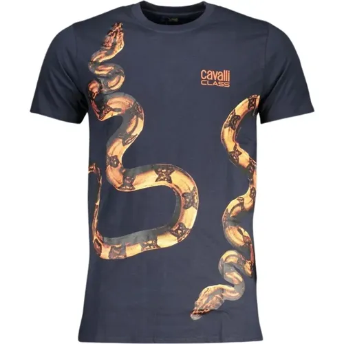 Blau Baumwolle Druck Logo T-Shirt , Herren, Größe: M - Cavalli Class - Modalova