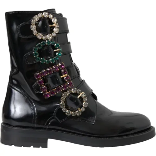 Crystal Buckle Leather Boots , female, Sizes: 2 UK - Dolce & Gabbana - Modalova